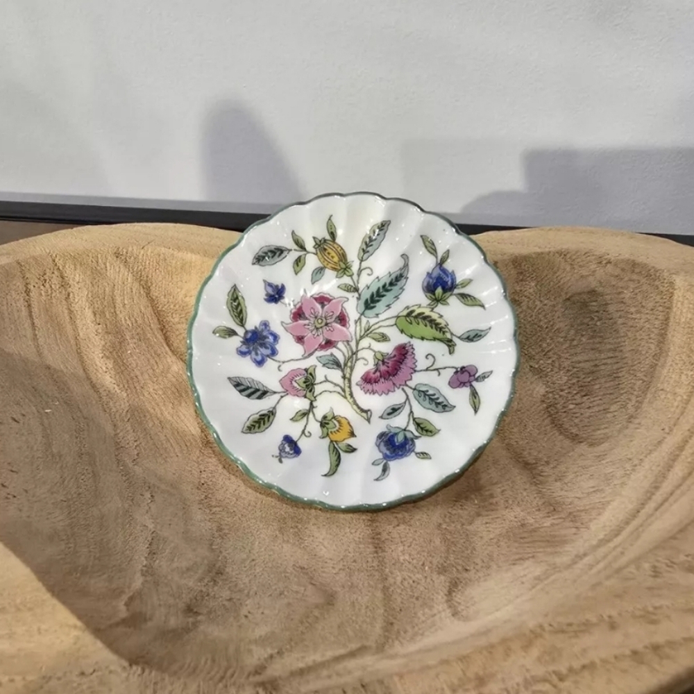 Minton Haddon Hall Floral Chintz Green Trimmed Swirl Pattern Butter Dish